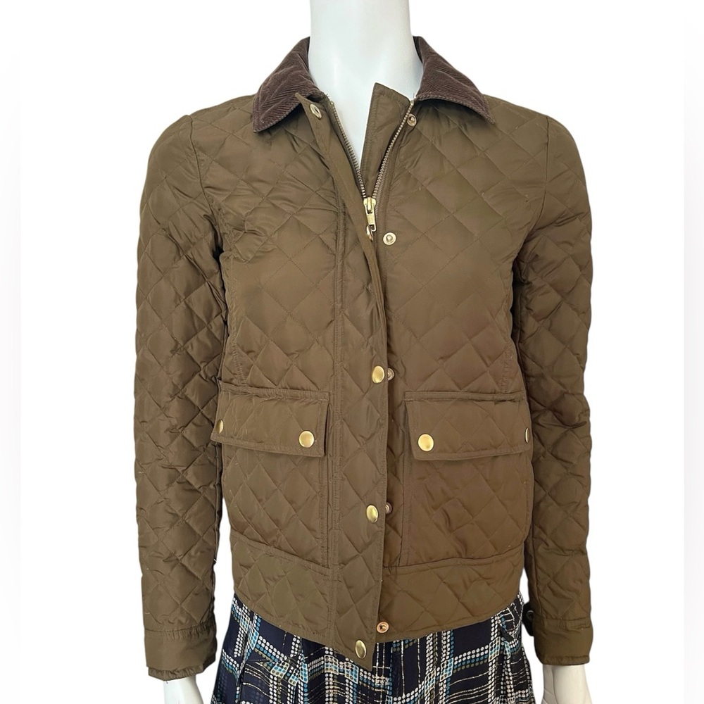 J CREW Quilted Utility Green Down Filled Jacket with Gold Accents - Picture 2 of 7